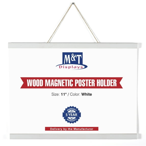 M&T Displays Wood Magnetic Poster Holder 11 inch White Hanger Frame for Hanging Picture Wall Artwork Canvas Painting Photo World Map Beech Wood