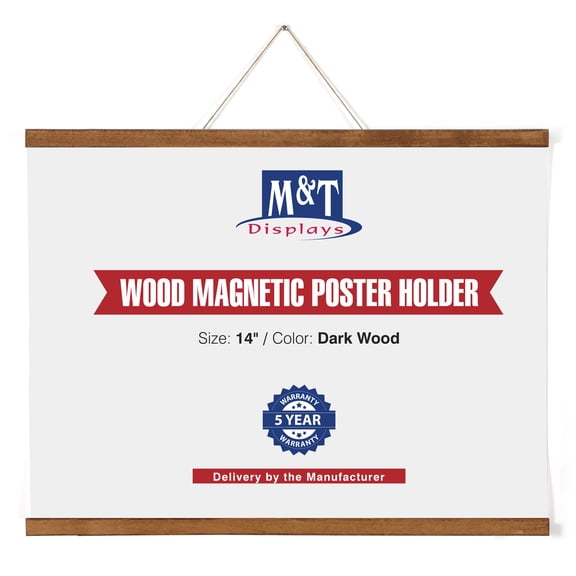 M&T Displays Wood Magnetic Poster Holder 14 inch Dark Wood Hanger Frame for Hanging Picture Wall Artwork Canvas Painting Photo World Map Beech Wood