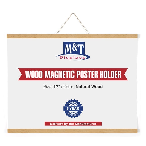 M&T Displays Wood Magnetic Poster Holder 17 inch Natural Wood Hanger Frame for Hanging Picture Wall Artwork Canvas Painting Photo World Map Beech Wood