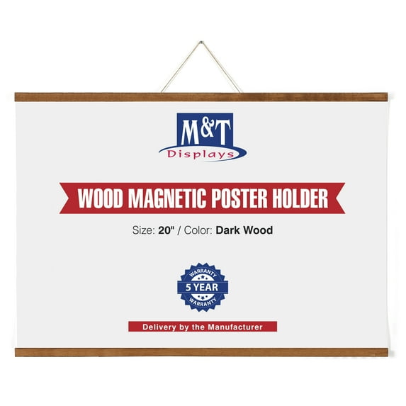 M&T Displays Wood Magnetic Poster Holder 20 inch Dark Wood Hanger Frame for Hanging Picture Wall Artwork Canvas Painting Photo World Map Beech Wood