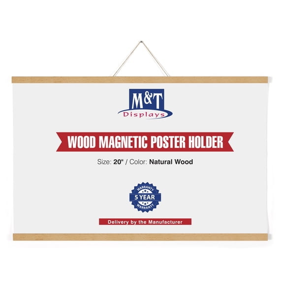 M&T Displays Wood Magnetic Poster Holder 20 inch Natural Wood Hanger Frame for Hanging Picture Wall Artwork Canvas Painting Photo World Map Beech Wood