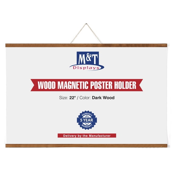 M&T Displays Wood Magnetic Poster Holder 22 inch Dark Wood Hanger Frame for Hanging Picture Wall Artwork Canvas Painting Photo World Map Beech Wood