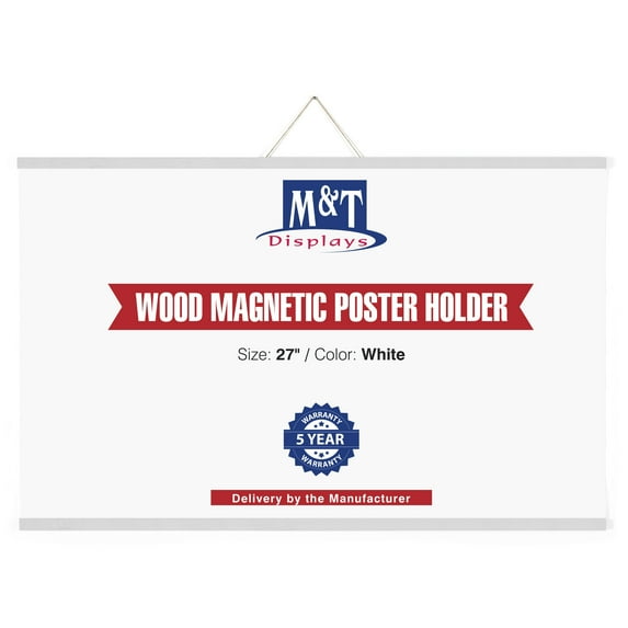 M&T Displays Wood Magnetic Poster Holder 27 inch White Hanger Frame for Hanging Picture Wall Artwork Canvas Painting Photo World Map Beech Wood