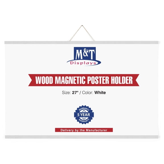 M&T Displays Wood Magnetic Poster Holder 27 inch White Hanger Frame for Hanging Picture Wall Artwork Canvas Painting Photo World Map Beech Wood