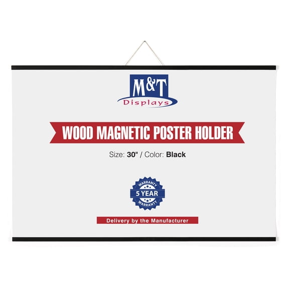 M&T Displays Wood Magnetic Poster Holder 30 inch Black Hanger Frame for Hanging Picture Wall Artwork Canvas Painting Photo World Map Beech Wood