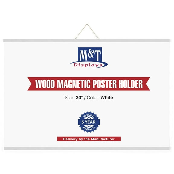 M&T Displays Wood Magnetic Poster Holder 30 inch White Hanger Frame for Hanging Picture Wall Artwork Canvas Painting Photo World Map Beech Wood