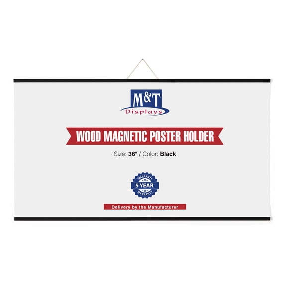 M&T Displays Wood Magnetic Poster Holder 36 inch Black Hanger Frame for Hanging Picture Wall Artwork Canvas Painting Photo World Map Beech Wood