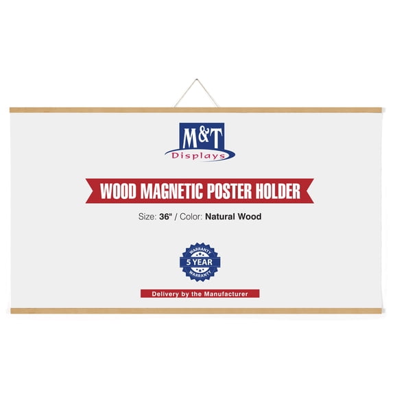 M&T Displays Wood Magnetic Poster Holder 36 inch Natural Wood Hanger Frame for Hanging Picture Wall Artwork Canvas Painting Photo World Map Beech Wood