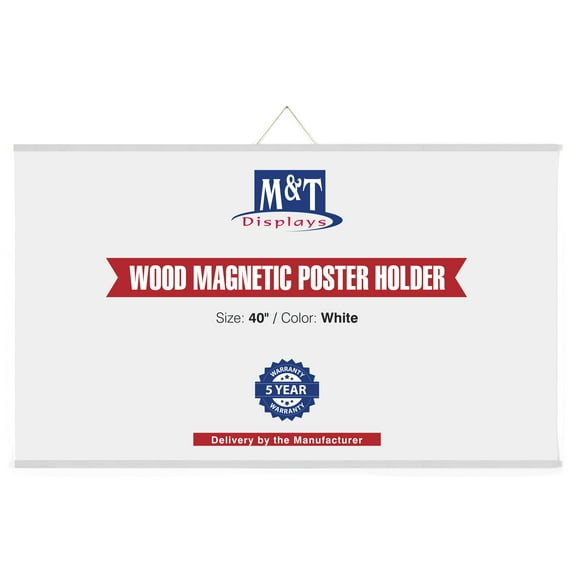 M&T Displays Wood Magnetic Poster Holder 40 inch White Hanger Frame for Hanging Picture Wall Artwork Canvas Painting Photo World Map Beech Wood