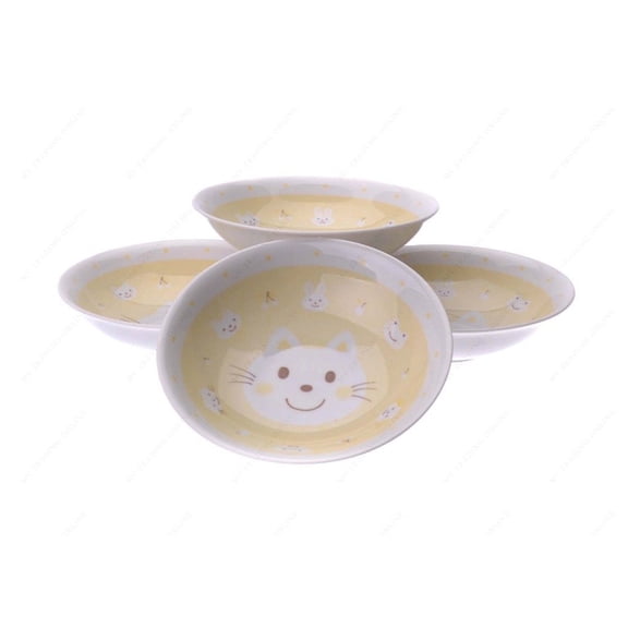 M.V. Trading MV0314A/YEL Japanese Round Deep Soup Plate with Cat Design, 6-Inch, Yellow, Set of 4