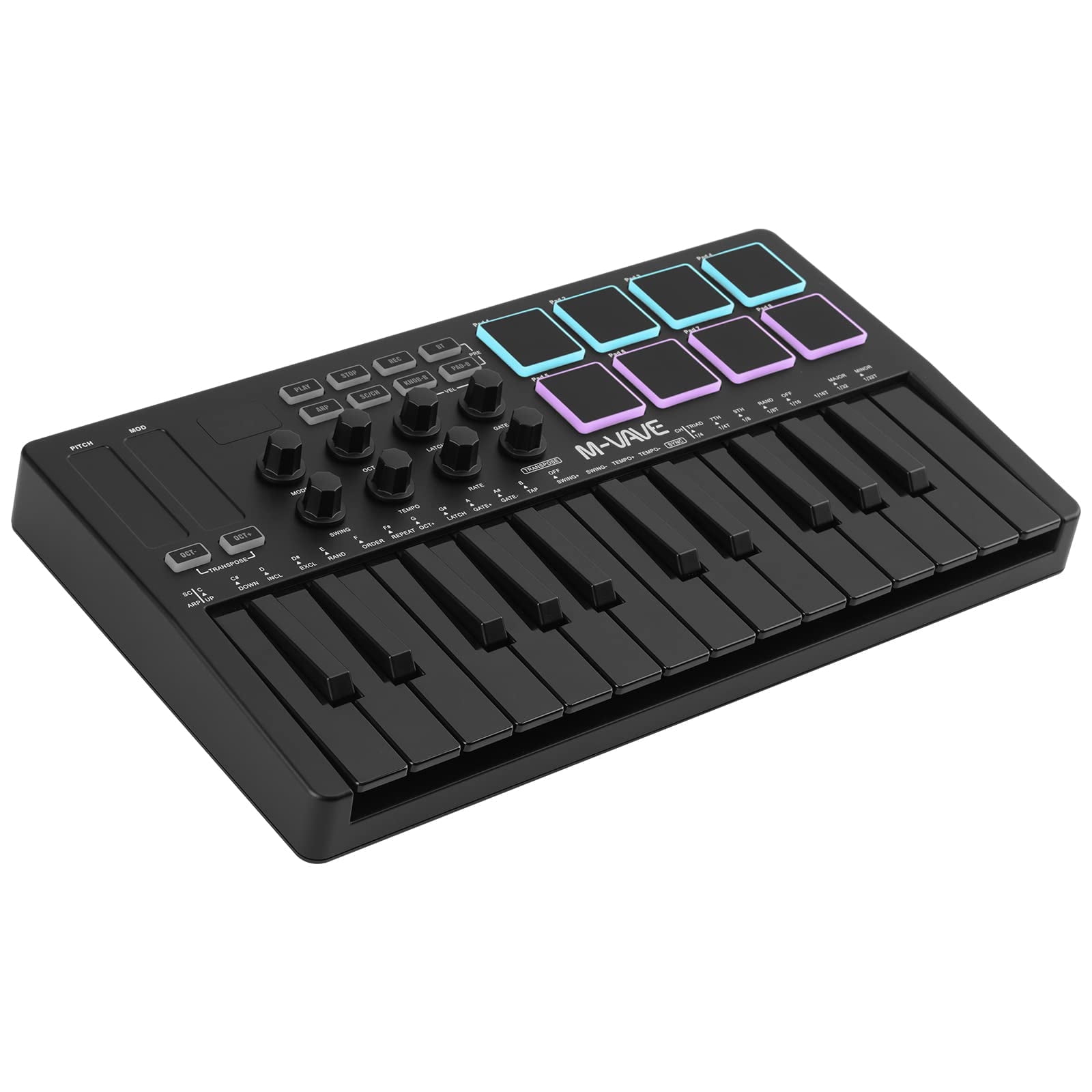 25 Key USB MIDI Keyboard Controller With 8 Backlit Drum Pads, Bluetooth Semi Weighted Professional dynamic keybed 8 Knobs and Music Production,Software Included (Black)