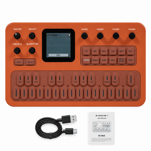 M-VAVE FM-1 27-Key Portable 6-Operator FM Synthesizer Keyboard, 128 Presets, 32 Algorithms, 16-Step Sequencer, 7-Mode Arpeggiator, USB/Bluetooth/3.5mm MIDI, Built-In Speaker, Rechargeable, Orange