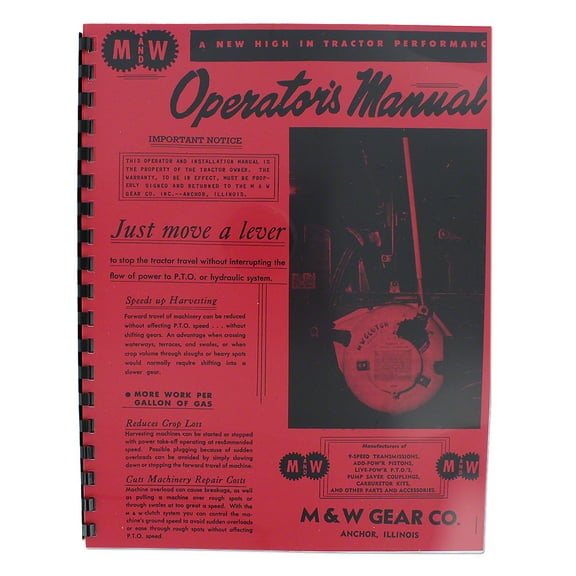 M & W Hand Clutch Reprint Operators Manual & Parts List Fits International Tractor