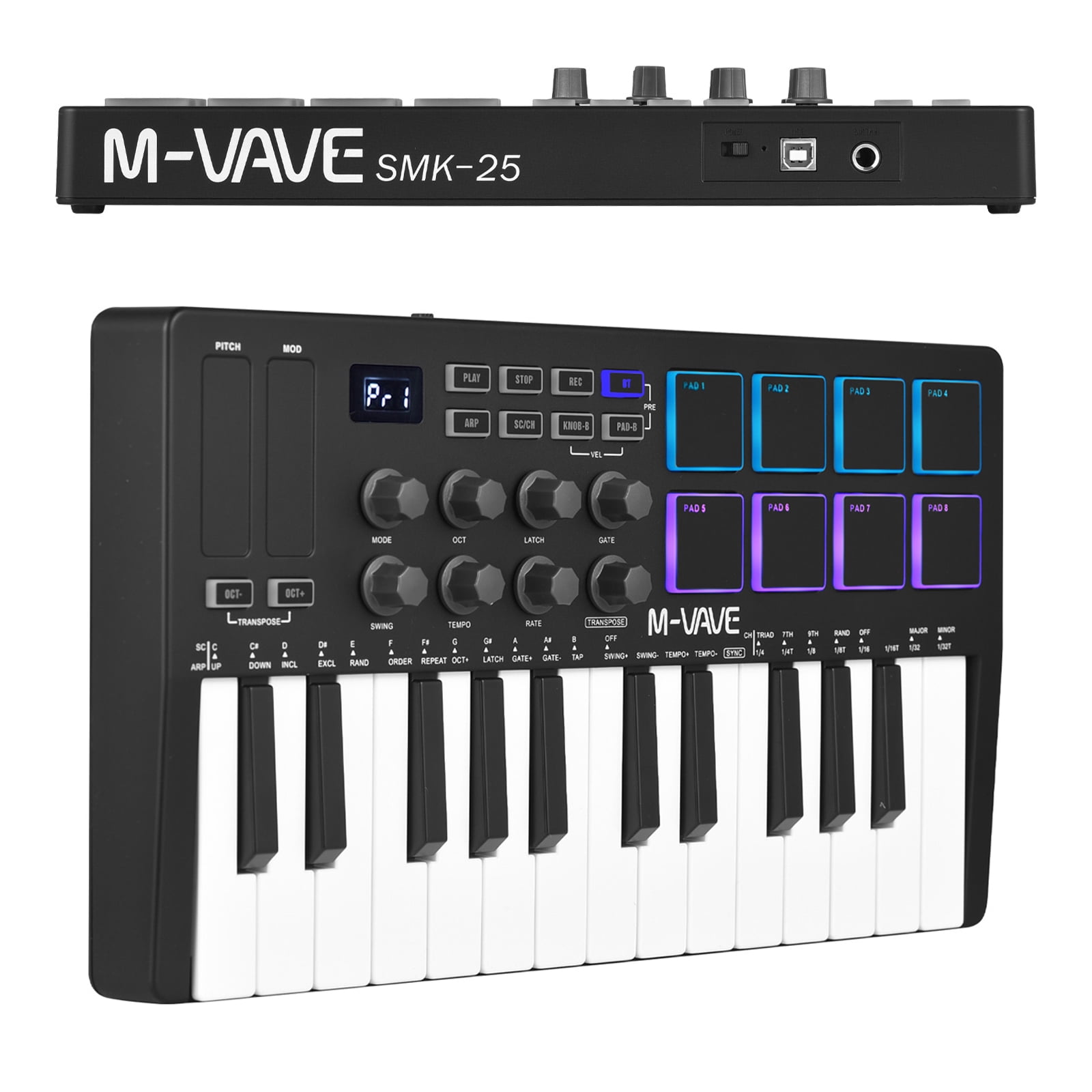 Walmart sales :  M-WAVE 25-Key USB MIDI Keyboard Controller, Backlit Pads, Semi-Weighted Keybed, 8 Knobs, Bluetooth, Black