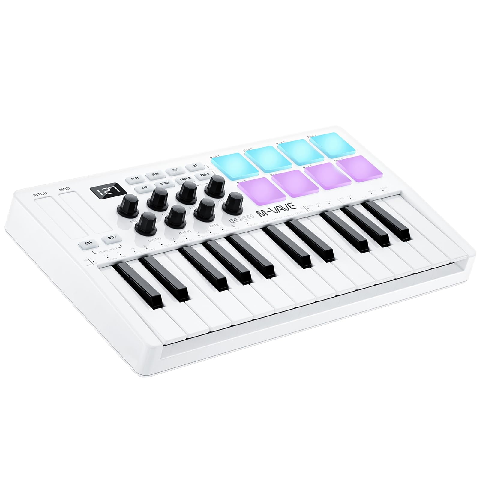 25 Key USB MIDI Keyboard Controller With 8 Backlit Drum Pads, Bluetooth Semi Weighted Professional dynamic keybed 8 Knobs and Music Production,Software Included (White)