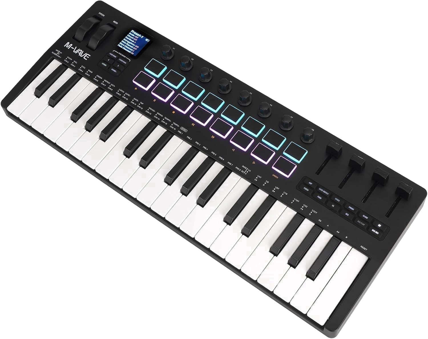 M-WAVE 37 Key USB MIDI Keyboard Controller With 16 Backlit Drum Pads, Bluetooth Semi Weighted Professional dynamic keybed 8 Knobs and Music Production,Software Included,Black
