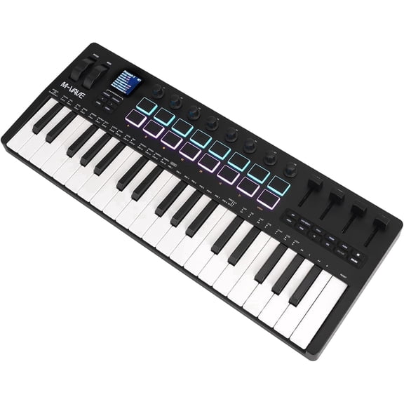 M-WAVE 37 Key USB MIDI Keyboard Controller With 16 Backlit Drum Pads, Bluetooth Semi Weighted Professional dynamic keybed 8 Knobs and Music Production,Software Included,Black
