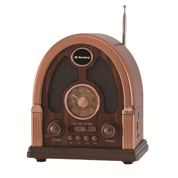 M-amazup Multifunctional Faux Wood-Grain Radio, Wireless Speaker, TF Card Player, Audio Input Interface, AM/FM/SW Three-Band Radio, MP3 Player, Record Player, Speaker Rack, Speaker, Bluetooth Speaker