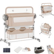 M-b-aby-m Automatic Baby Bassinet, Bedside Bassinet with 5-Point Safety Harness, Storage Basket, Electric Rocking Bassinet for Newborn Khaki