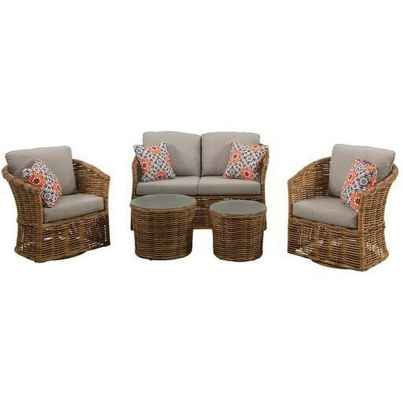 Mōd Furniture Lexi 5-Piece Boho Outdoor Conversation Set with Hand Woven All-Weather Rattan Wicker, Loveseat, 2 Side Swivel Chairs, 2 Coffee Tables,