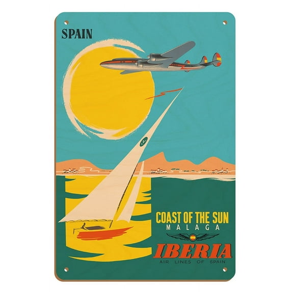 Málaga Spain - Coast of the Sun - Iberia Airlines - Vintage Airline Travel Poster c.1950s - 8 x 12 inch Vintage Wood Art Sign