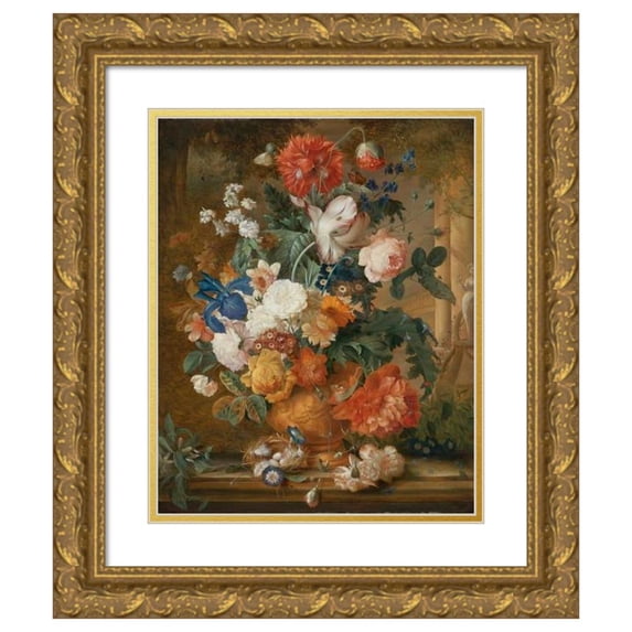 Mélanie de Comolera 20x24 Gold Ornate Framed and Double Matted Museum Art Print Titled - Peonies, Roses, Carnations, an Iris, Anemones, Auricula and Other Flowers in a Terracotta Vase (1827)
