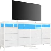 M optimized 10 Drawer Dresser TV Stand for 65 70 75" TV, 63" W Long Fabric Dresser Entertainment Center, Chest of Drawers Dresser for Bedroom with Led Lights & Power Outlets