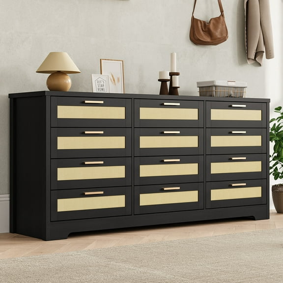 M optimized 12 Drawer Dresser for Bedroom, Modern Rattan Chest of Drawers, Wood Storage Organizer with Drawers and Handles, for Nursery, Entryway, Living Room