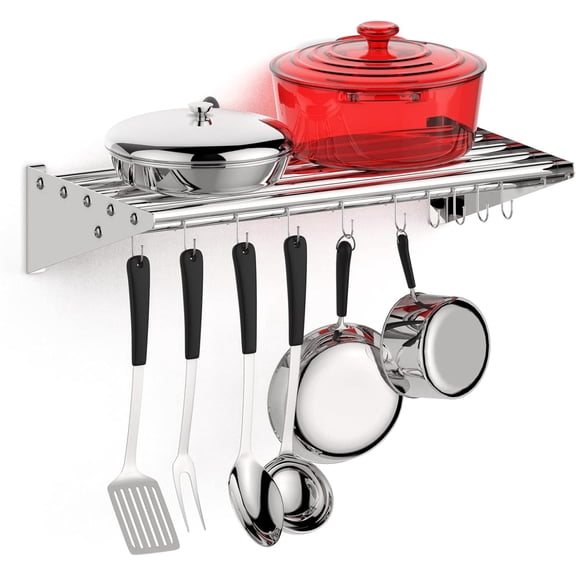 M optimized 12" x 24" Stainless Steel Shelf Pot Rack NSF Certified 145lb Metal Wall Shelf with 10 S Removable Storage Hooks for Kitchen Storage & Organization Durable Pot Holder