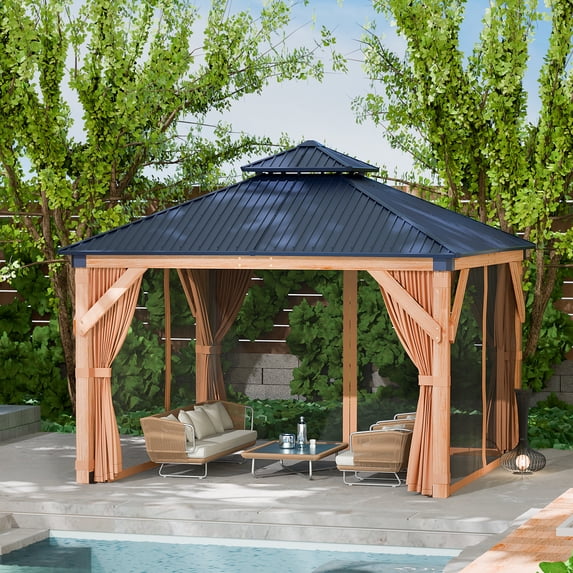M optimized 12'x12' Hardtop Wood Gazebo, with Double Metal Roof, Heavy-Duty Wooden Frame, Net, and Curtain, Permanent Building for Patio, Deck, Backyard, Lawn, Garden