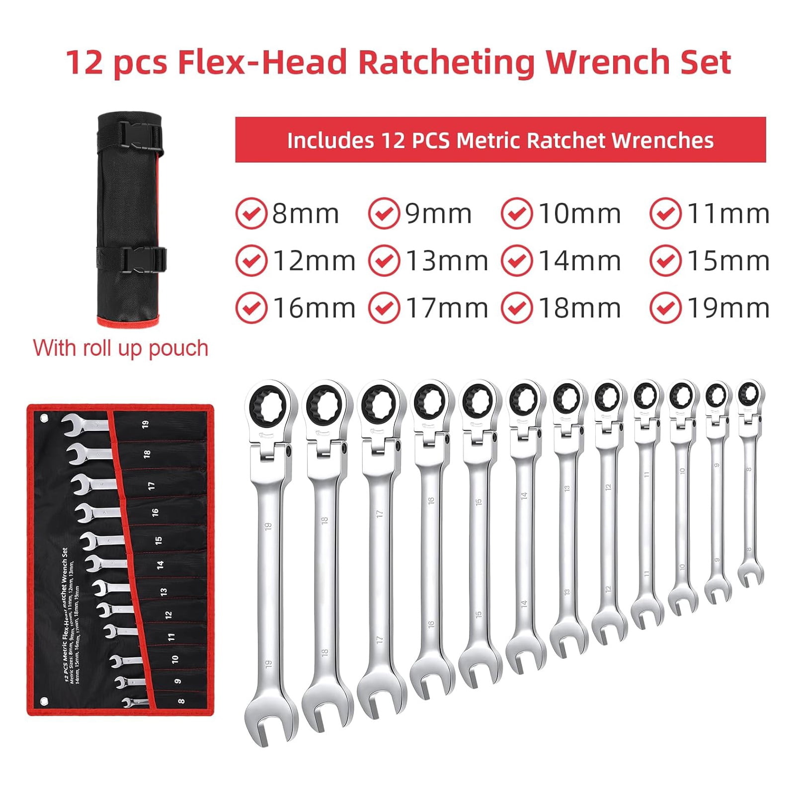 M optimized 12PCS Flex Head Ratcheting Wrench Set, Ratcheting Combination Set, Metric 8-19mm, 72-Teeth, Cr-V Steel Ratchet Wrenches Set with Storage Bag