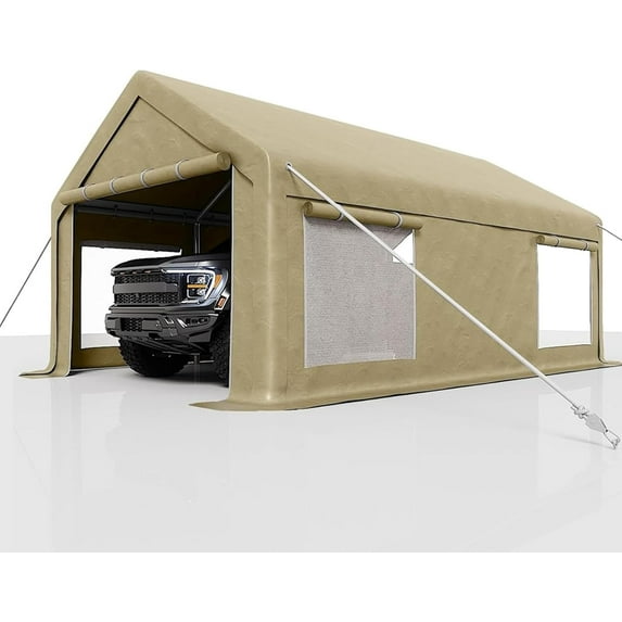 M optimized 13x25 Ft Carport with 10 Sandbags, Car Port with PE Tarp, 2 Roll-Up Doors, and 4 Windows, for Full-Size Pickups, Bass Boats, Tractors, and SUVs