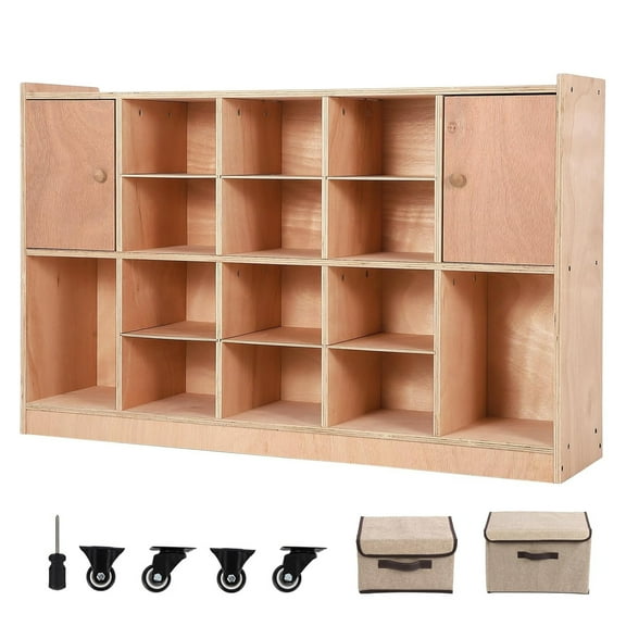 M optimized 14 Cubby Mobile Tray Storage Cabinet with 2 Cabinet Doors, Storage Organizer Cubes with 2 Anti-Flip Fittings, 4 Castors and 2 Boxes for Home, School, Kindergarten