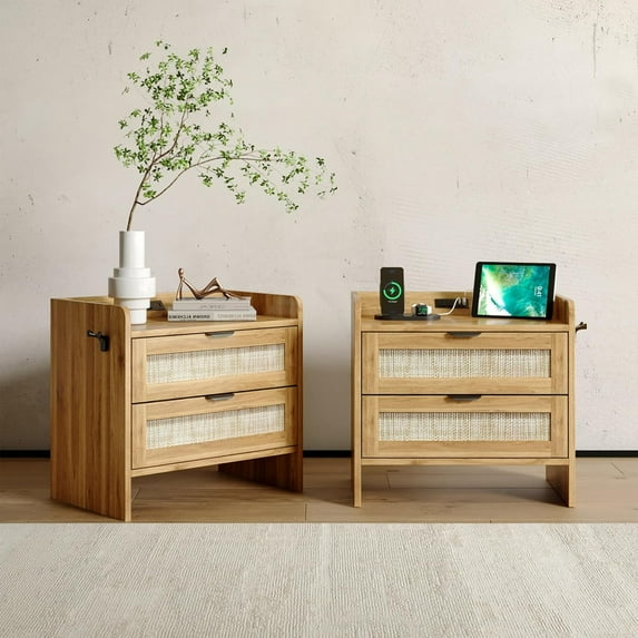 M optimized 2-Piece Rattan Nightstand with 2 Drawer, Modern Bedside Table with Charging Station, for Bedroom, Office, Living Room
