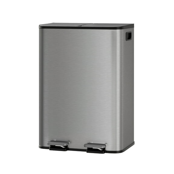 M optimized 2 x 8 Gallon Double Trash Can with Lid, Stainless Steel Large Dual Trash and Recycle Bin Combo, Step-on Kitchen Metal Garbage Cans, PP Inner Buckets, Liner Rim