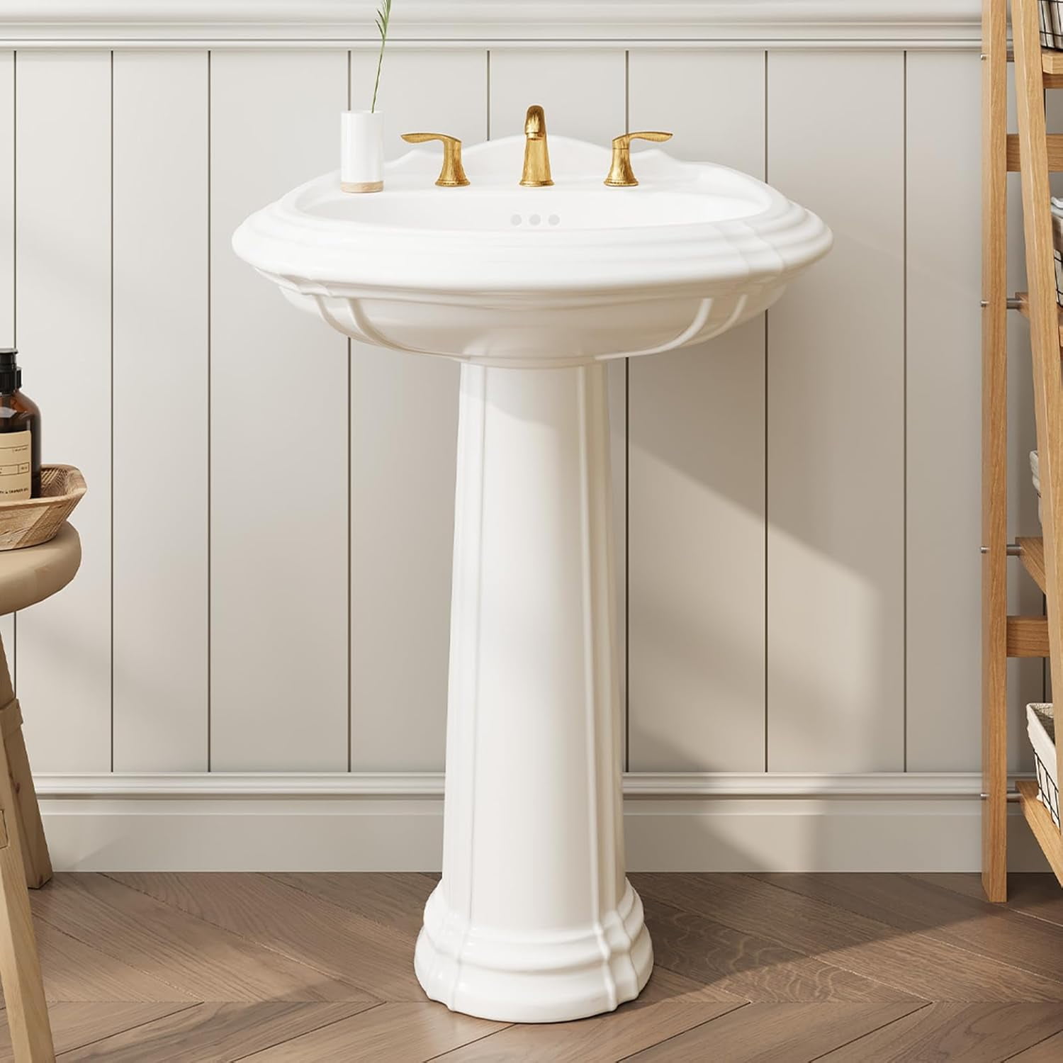 M optimized 20" x 26" Bathroom Pedestal Sink, Freestanding Ceramic Sink with Overflow Hole, Vintage White Sink with 3 Pre-Drilled Holes for 8 inch Faucets