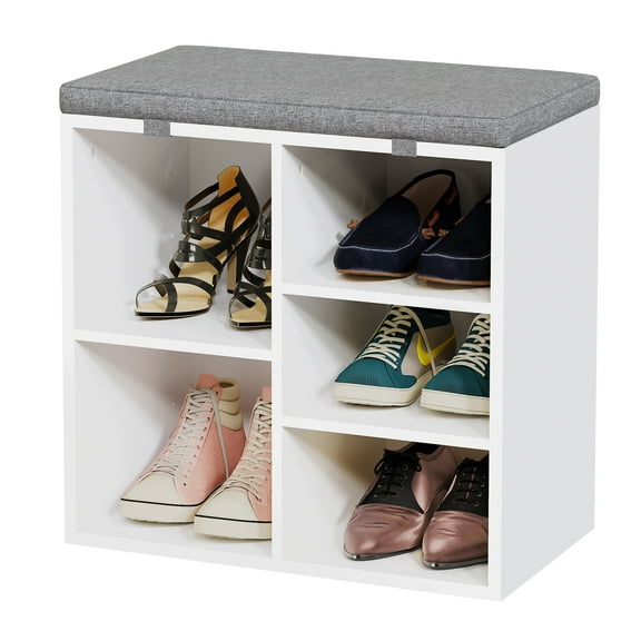 M optimized 20"x11.9"x20.8" Shoe Storage Bench, 5 Cubbies Storage Rack Bench with Cushion, Entryway Bench with 3-Tier Adjustable Shelves for Entryway, Living Room, Hallway, Bedroom
