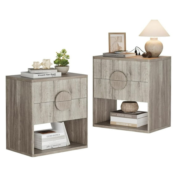 M optimized 22.64"x15.35"x23.62" Nightstand Wide Fluted Nightstand with Charging Station, Wood Nightstands with 2 Drawers & Open Shelves, Modern Night Stand for Living Room Bedroom Storage