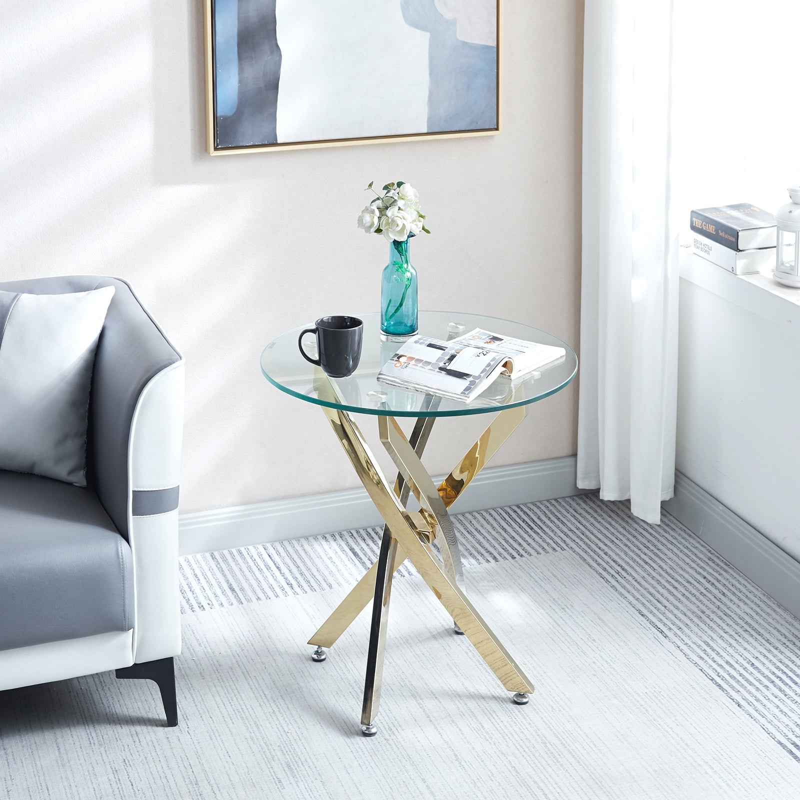 M optimized 23.6" Modern Glass End Table, Round Side Table with ...