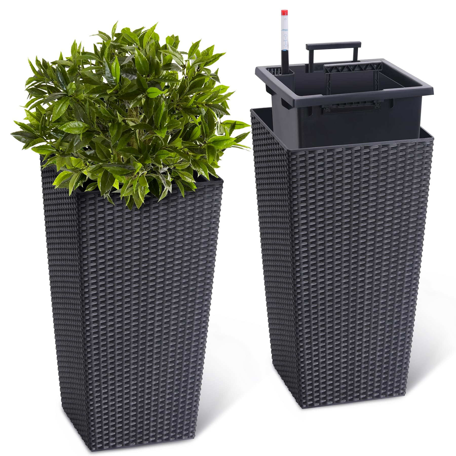 M optimized 23" Tall Planters Set of 2, Outdoor＆Indoor Rattan Planter Pots, High Front Porch Planter Pots with Drainage Holes＆Water Level Monitor＆Inner Bucket, Automatic Watering