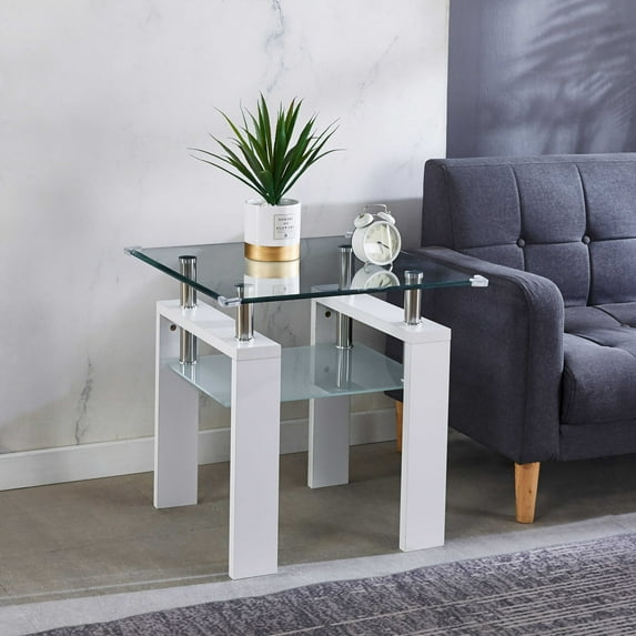 M optimized 24" Glass Side Table, End Tables Living Room with Shelf, Tempered Glass Tabletop, Modern Square Corner Table for Dining Room Bedroom