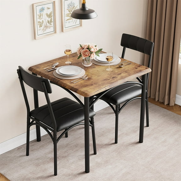 M optimized 3 Piece Dining Table Set, Kitchen Table and Chairs for 2, Metal and Wood Square Dining Room Table Set with 2 Upholstered Chairs for Small Space Apartment, Retro Color