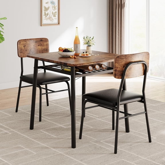 M optimized 3-Piece Dining Table Set, Modern Kitchen Table Set for 2, Dining Table and Chairs for 2 with Metal Frame, Storage Rack, Square Table and 2 Padded Chairs for Small Space, Apartment, Brown