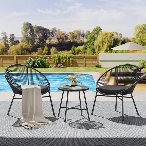 M optimized 3 Piece Patio Set, Outdoor Acapulco Chairs Set of 2 with Glass Top Table, Modern Patio Chairs with Cushions, Patio Bistro Set for Deck, Backyard, Balcony, Porch
