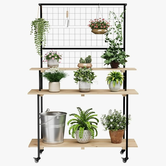 M optimized 3 Tier Plant Stand with Hanging Rod and Grid Panels, Heavy Duty Plant Shelf with Wheels, Indoor Outdoor Flowers Stand, Display Rack for Home Office Garden Patio