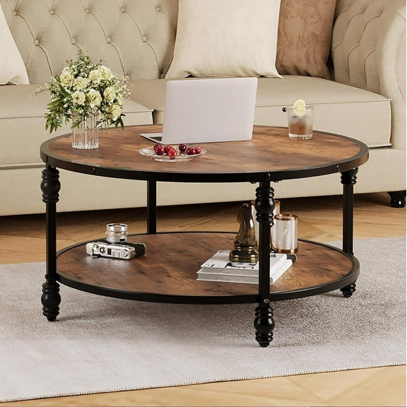 M optimized 30"/34" Round Coffee Table for Living Room Rustic Center Table with Storage Shelf Wood Circle Coffee Table with Sturdy Metal Legs, Easy Assembly