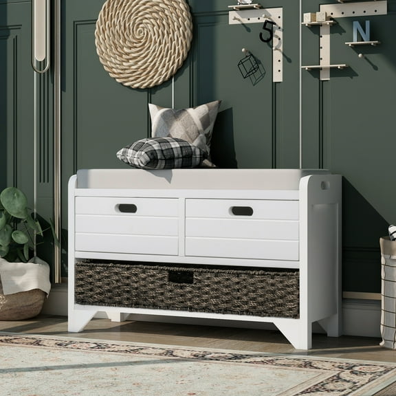 M optimized 32" Storage Bench with Removable Basket 2 Drawers Removable Cushion Entryway Storage Bench for Bedroom Living Room