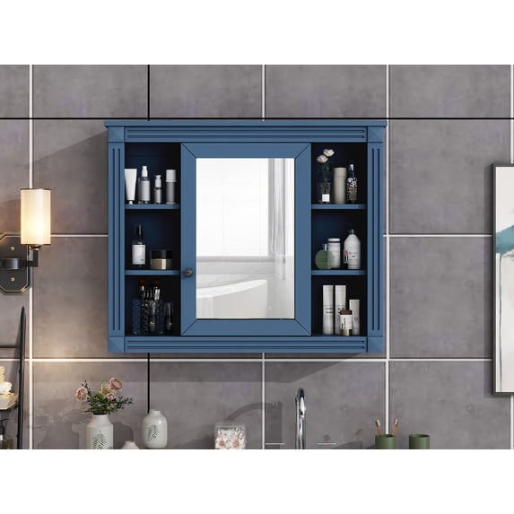 M optimized 35x28 Inch Wall Mounted Storage Cabinet With Mirrors And 6 Open Shelves for Bathroom Bedroom Grey Blue
