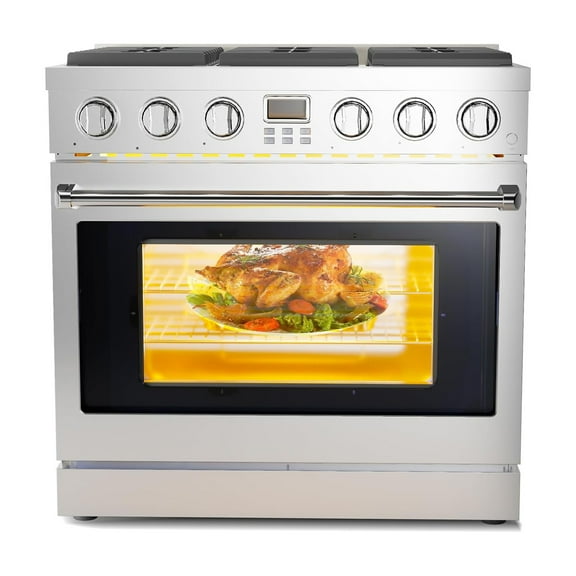 M optimized 36" Gas Range Oven with 6 Sealed Gas Burner & 6.0 Cu. Ft & 106500BTU, Freestanding Slide-In Full Gas Range Stove with Heavy Duty Grates, Stainless Steel Dual Fuel Range