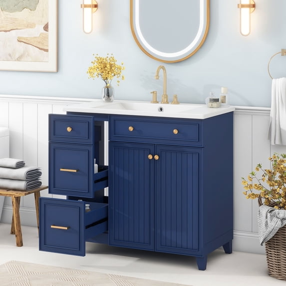 M optimized 36 Inch Bathroom Cabinet with Sink, Wood Storage Cabinet with 2 Soft-closing Door, 2 Drawers, Adjustable Shelf (Without Faucet)